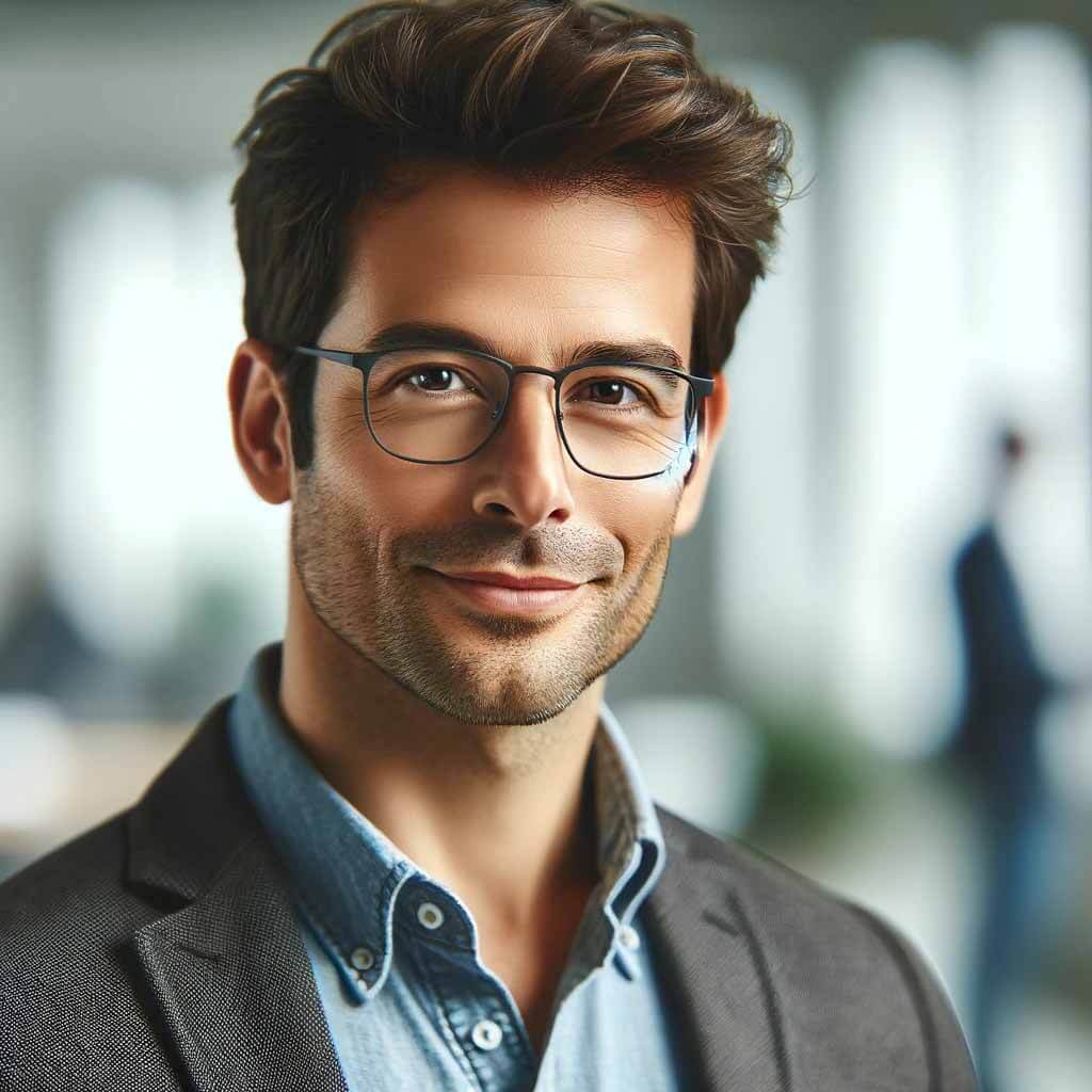 דיוקן של דניאל כהן, מנכ"ל גבר בגיל העמידה של חברת סטארט-אפ טכנולוגית. יש לו שיער קצר, מרכיב משקפיים ובעל מראה בטוח ומקצועי.