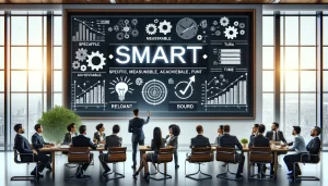 מטרות SMART לשיפור האסטרטגיה העסקית. בתמונה מופיע סביבת עבודה מקצועית, הכוללת לוח מחיק או מסך דיגיטלי המציג את ראשי התיבות SMART (ספציפיות, מדידות, ברות השגה, רלוונטיות, תחומות בזמן). כמו כן, ישנם אנשי עסקים בישיבה, רושמים הערות ודנים, כאשר ברקע ניתן לראות תרשימים וגרפים המייצגים התקדמות ותכנון, המדגישים ארגון והצבת מטרות. האווירה ממוקדת ושיתופית.