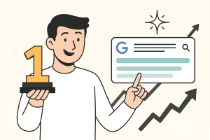 איור של אדם מחזיק גביע מספר 1 ומצביע על תוצאה ראשונה בגוגל עם חץ הצלחה עולה